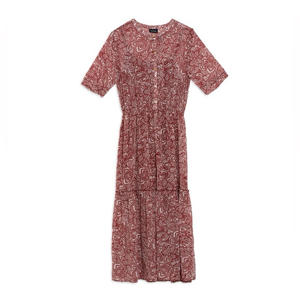 Who What Wear Brick Red Cream Floral Paisley Ruffle Midi Prairie Dress with Slip